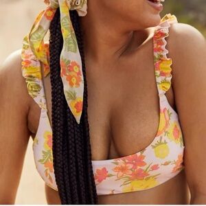 Aerie Floral Printed Ruffle Scoop Bikini Top Boho Retro Size XS‎ NWOT